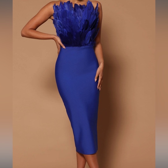 Navy Feathered Midi Dress